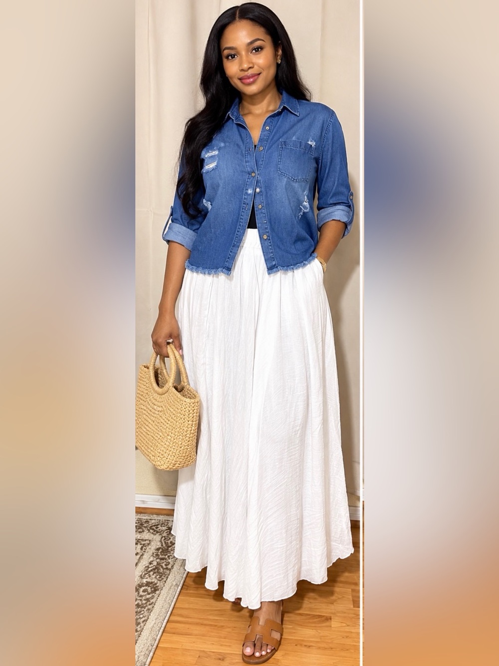 OCHENTA Women’s M White 100% Cotton Maxi Skirt Elastic Waist Boho Flowy